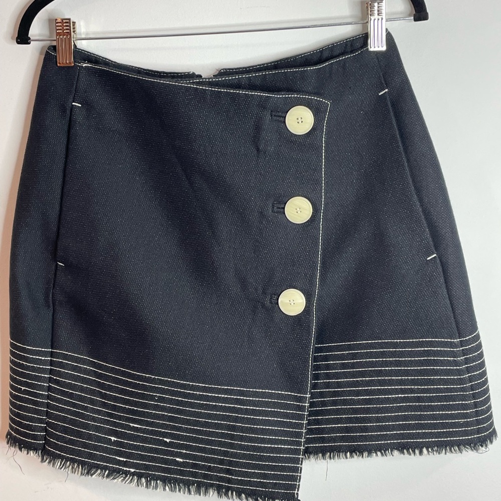 MNG By Mango Women’s Stretch Mini Skirt USA 8 Blue With Fringe